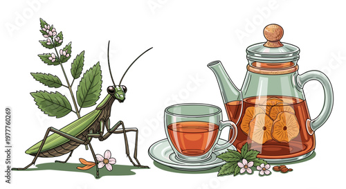 Mantis Tea Party Illustration: Adorable Insect Enjoying Herbal Tea with Teapot, Isolated on transparent background. Cute Vector Artwork for Beverage Concepts.