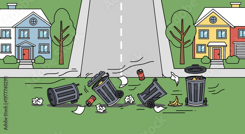 Vector Illustration of Trash Cans Blown Over by Wind in Suburban Neighborhood, Litter and Debris Scattered, Concept: Storm Damage, Isolated on transparent background.