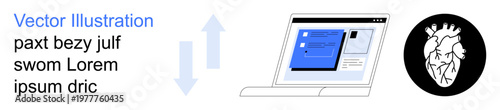 Data exchange, technology, information sharing, digital processes, medical , user interface. Laptop displaying a user interface, upward and downward arrows anatomical heart symbol. Data exchange