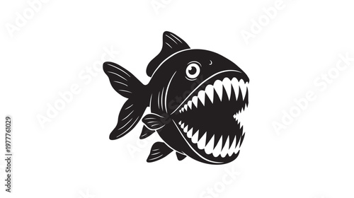 Dynamic black vector illustration of a piranha-like fish, depicted with an oversized open mouth and numerous sharp teeth, symbolizing danger, aggression, or a predator.