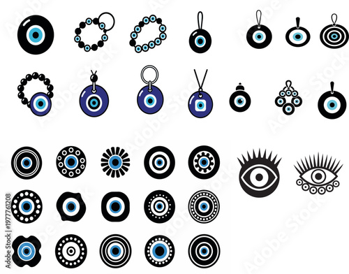 A comprehensive collection of traditional Turkish evil eye (Nazar) charms, amulets, and jewelry icons in various styles and designs.
