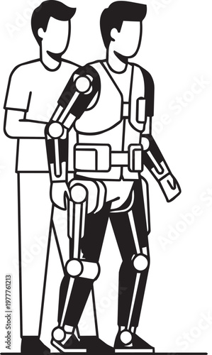 Doctor assisting patient using robotic exoskeleton suit for walking therapy