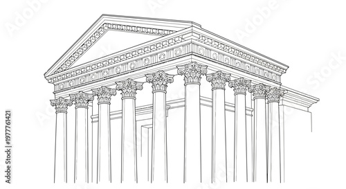 Classical Greek Temple Facade with Ionic Columns and Pediment, Architectural Drawing