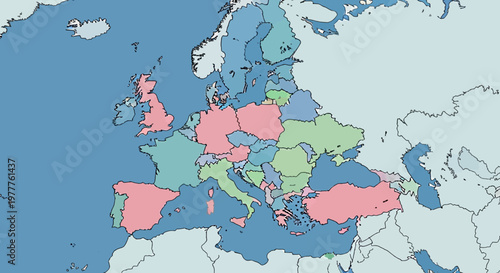 Map of Europe with countries colored by groups, political divisions, geographical overview