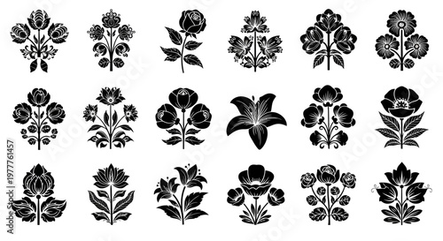 Collection of Black and White Floral Ornaments and Decorative Elements