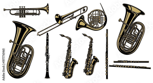 Collection of Brass and Woodwind Musical Instruments, Isolated on White
