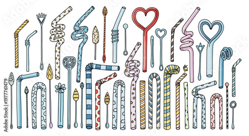 Collection of colorful, decorative, and fun drinking straws in various shapes and patterns