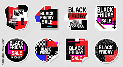 Black Friday Sale Stickers: Retro Geometric & Glitch Art Designs for Retail Promotions