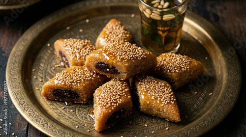 Close-up of traditional Tunisian Makroudh date pastries coated in honey syrup and sesame seeds, served with pine nut tea on a vintage brass tray.