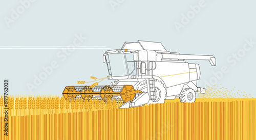Combine harvester in wheat field, agricultural harvest, illustration, golden crop