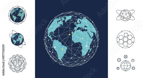 Global Network Connection: Earth Globe with Digital Network Overlay and Satellite Orbits