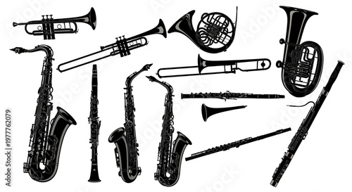 Collection of Musical Instruments Silhouette: Brass and Woodwinds
