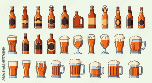 Assortment of Beer Bottles and Glasses with Foam, Refreshing Drinks Collection