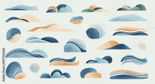 Abstract Landscape Shapes: Minimalist Hills, Dunes, and Waves in Blue and Orange