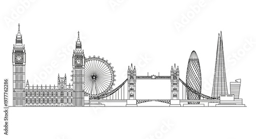 London Skyline Drawing: Iconic Landmarks in Black and White Sketch