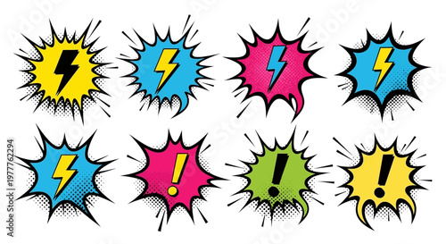 Comic Book Style Explosions with Lightning Bolts and Exclamation Marks