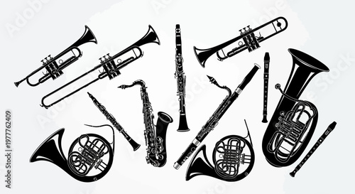 Collection of Black Silhouettes of Musical Instruments on White Background