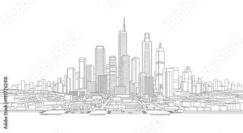 Modern City Skyline Blueprint Sketch - Architectural Drawing of Skyscrapers and Urban Landscape