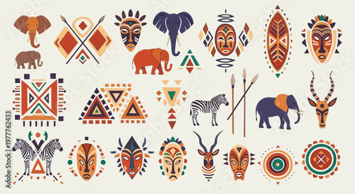 African Tribal Art Elements: Elephants, Zebras, Masks, Antelopes, Geometric Patterns