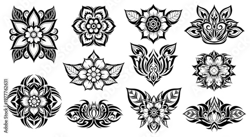 Black and White Floral Ornaments Collection: Decorative Elements for Design