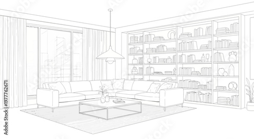 Modern living room sketch with sectional sofa, coffee table, and bookshelf
