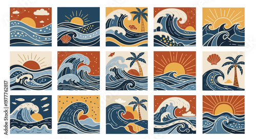 Retro Wave Art: Tropical Sunset & Ocean Waves Collection