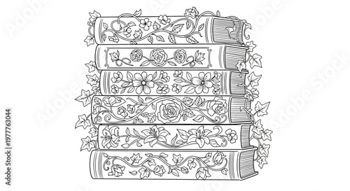 Vintage Book Stack with Floral Ornaments and Ivy - Elegant Illustration