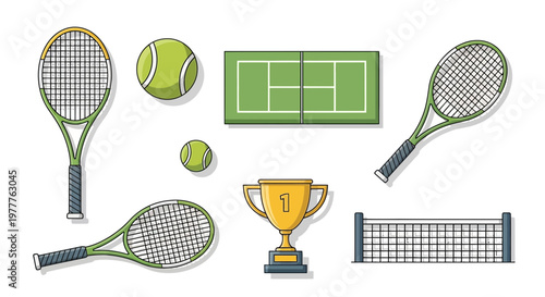 Tennis Equipment and Trophy: Rackets, Balls, Court, Net, Award for Victory