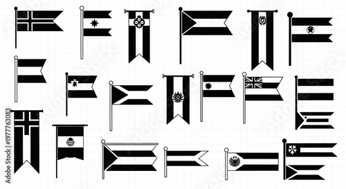 Collection of Diverse Flags on Poles - Black and White Vector Icons