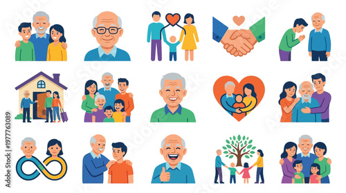 A collection of heartwarming illustrations depicting various family relationships, generational bonds, and community connections.