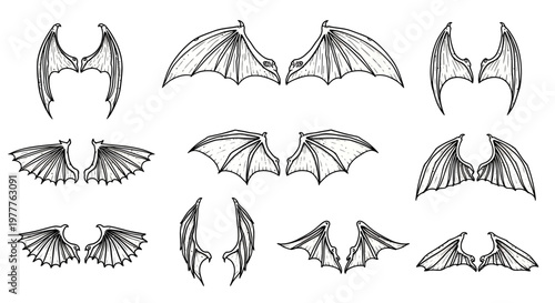 Collection of Hand-Drawn Fantasy Bat and Dragon Wings, Tattoo Design Elements