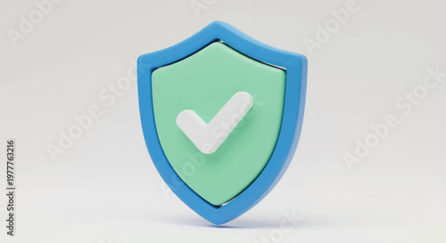 Green shield with white checkmark, security and protection concept, 3D render
