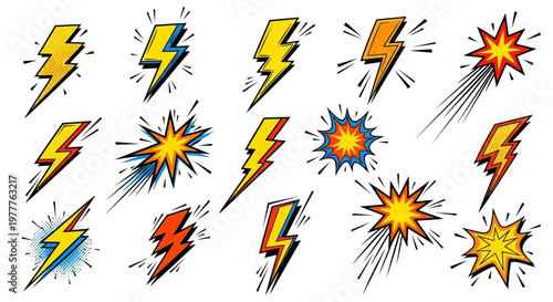 Comic Book Style Lightning Bolts and Explosions - Dynamic Action Elements
