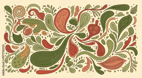 Whimsical Nature Pattern: Frog, Pomegranate, Leaves, Swirls - Organic Design
