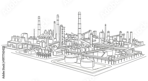 Industrial Plant Outline Drawing: Oil Refinery Complex with Towers and Tanks