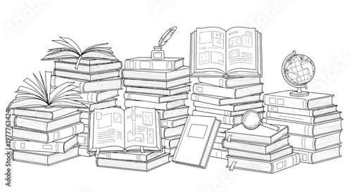 Vintage Books Stacked with Globe and Quill Pen, Symbolizing Knowledge and Education