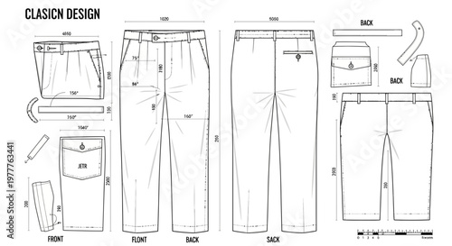 Technical Drawing of Classic Trousers: Front, Back, and Details