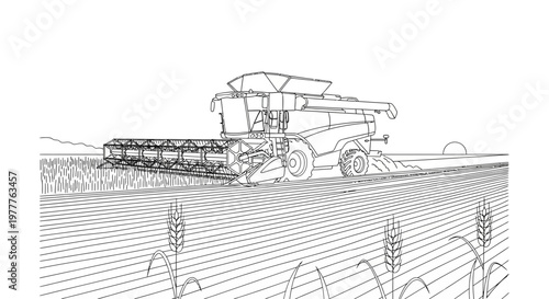 Combine harvester working in a wheat field at sunset, agricultural machinery, harvest season