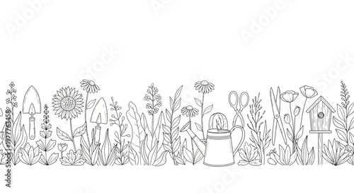 Hand-drawn garden border with plants, tools, and birdhouse illustration