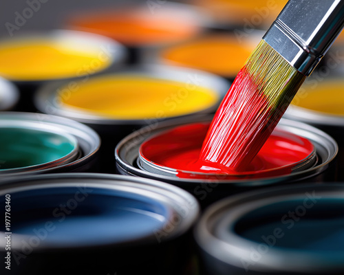Close-up of a paintbrush dripping glossy paint over an open paint can with multiple paint cans blurred in background
