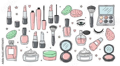 Cosmetic Collection: Makeup, Perfume, Skincare - Hand-Drawn Vector Illustration