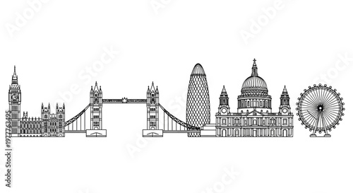 London Skyline Silhouette: Iconic Landmarks in Black and White Sketch Style