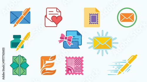 Collection of stylized icons representing various aspects of mail, correspondence, and communication, including envelopes, pens, stamps, and inkwells.