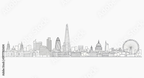 London skyline sketch, iconic landmarks, modern architecture, city outline