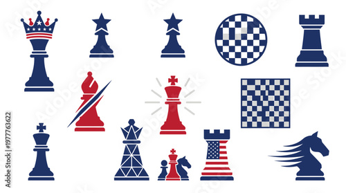 Collection of stylized chess pieces and boards in red, white, and blue, featuring patriotic American flag motifs and abstract designs.