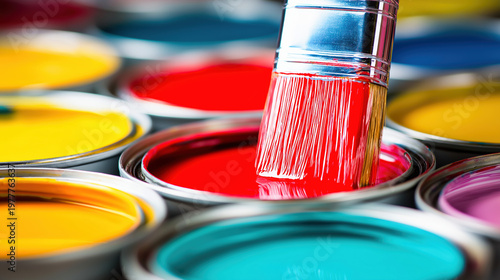 Close-up of a paintbrush dripping glossy paint over an open paint can with multiple paint cans blurred in background