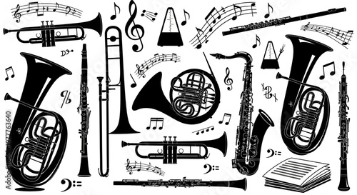 Musical Instruments Silhouette Collection: Brass, Woodwind, Sheet Music, Notes