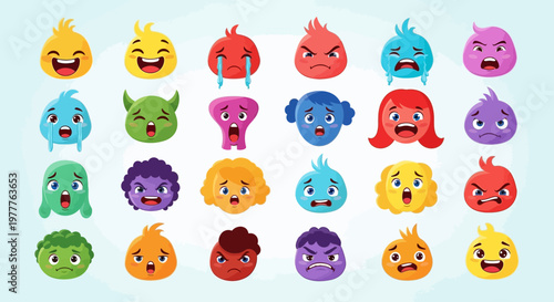 Diverse Emoji Faces Expressing Various Emotions: Joy, Anger, Sadness, Surprise