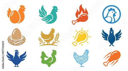 Collection of stylized chicken and egg icons representing various aspects of poultry farming and food.