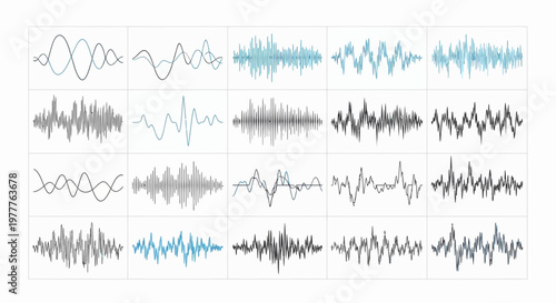 Sound Waveforms Collection: Audio Signal Analysis, Digital Sound Patterns, Music Visualization